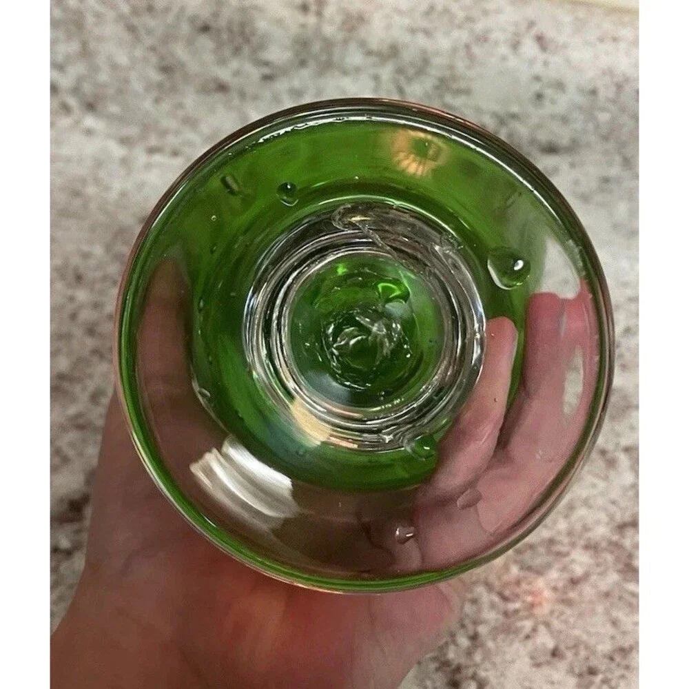 70’s Art Deco Hand Blown Controlled Bubble Apple Green & Clear Base Glass Vase